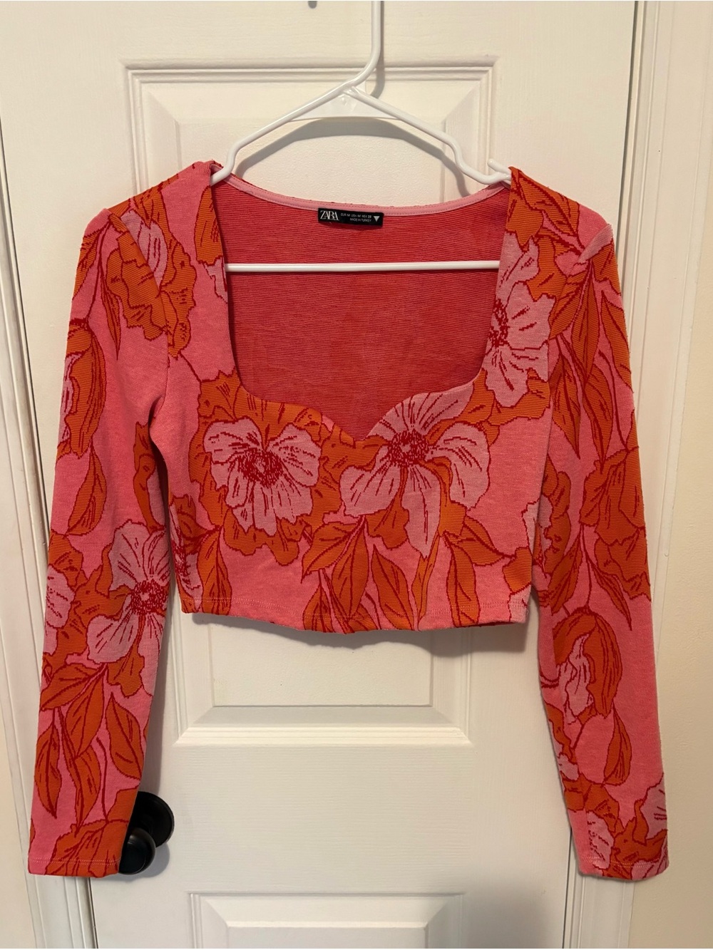 Zara Pink & Orange Floral Scoop-Neck Cropped Top